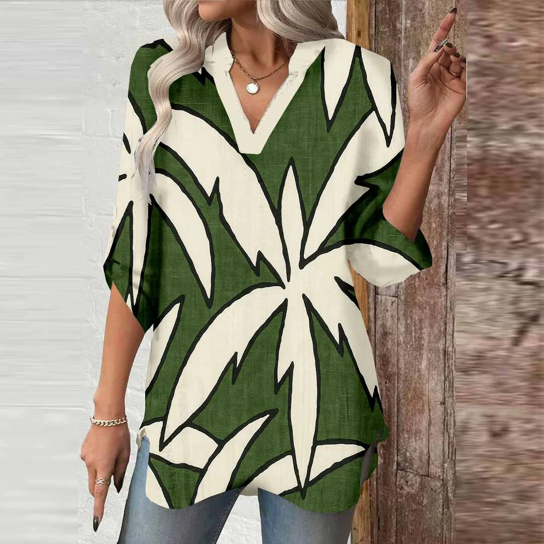 Women Tropical Green DZGA0277 3/4 Sleeve V-neck Printed Graphic Button Tops