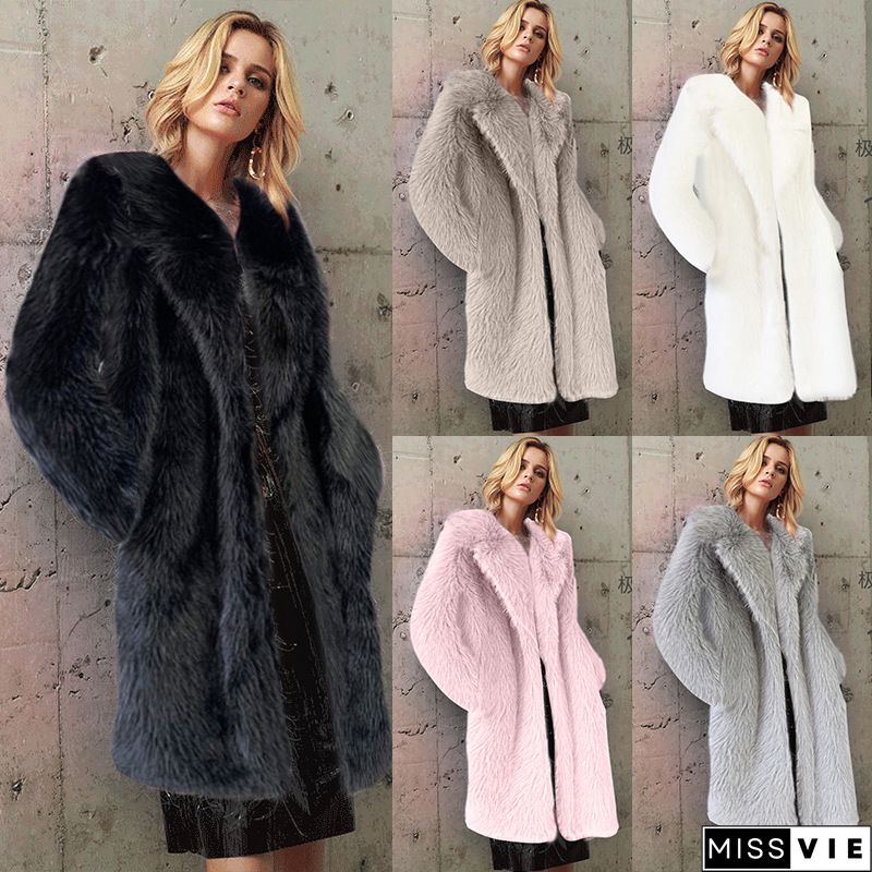Women's Winter New Fashion Plus Size Luxury Elegant Solid Color Turn Down Collar Faux Fur Coat Warm Outerwear Tops