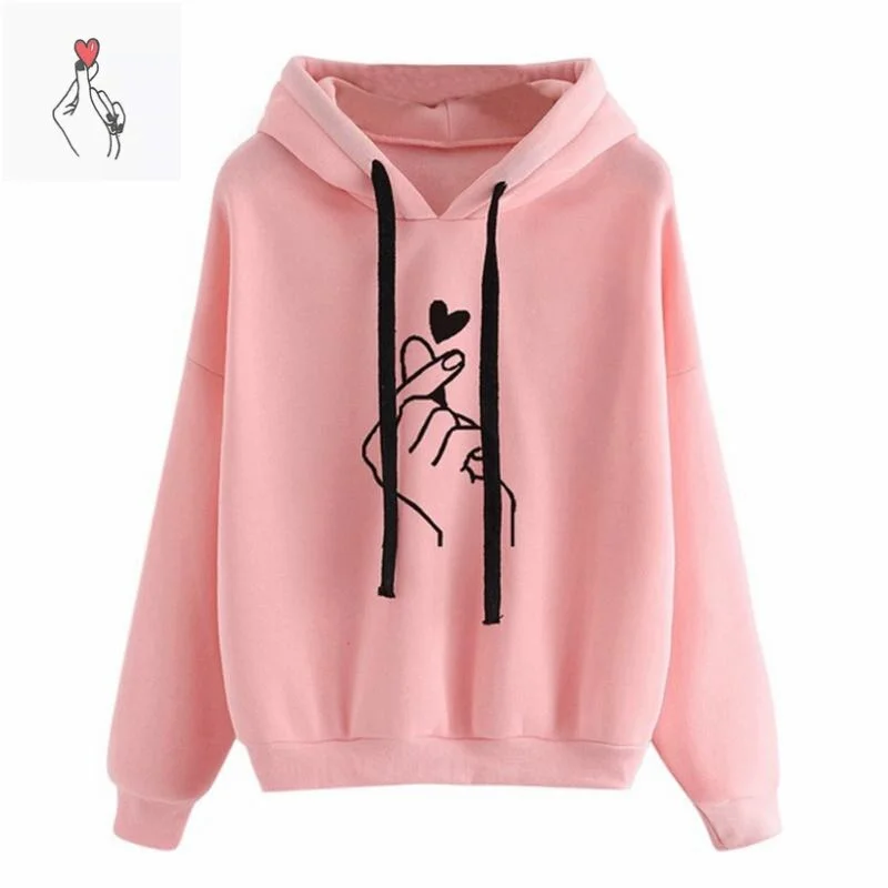 Women Hoodies Fashion Finger Heart Love Pattern Hooded Sweatshirts Autumn Winter Casual Drawstring Long Sleeve Female Pullovers