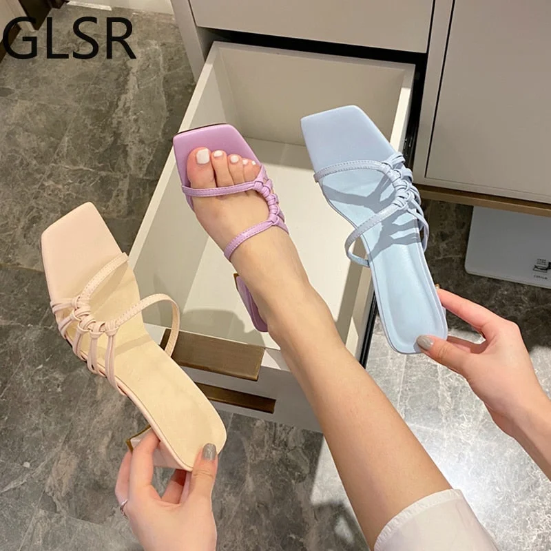 Women Slippers Sexy High Heels Outdoor Slides Women Summer Shoes Sandals Heels Female Square Toe Slipper Designer Brand Slippers