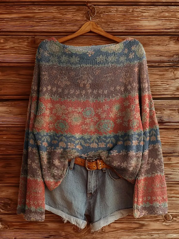 Women's Vintage Bohemian Floral Collage Art Print Casual Pullover Sweater