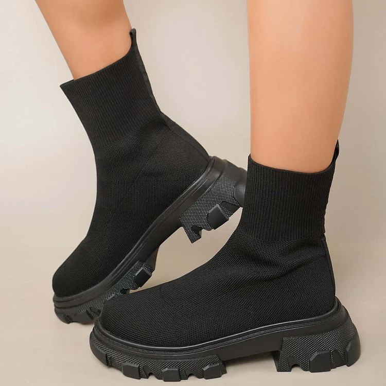 Black Knit Lug Sole Sock Booties Pull-on Platform Ankle Boots