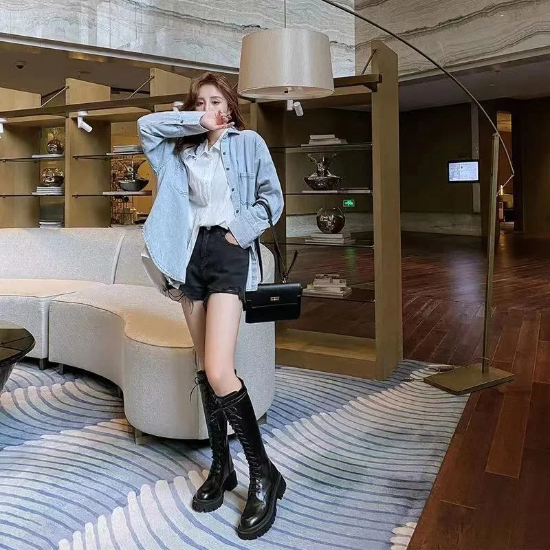 Leather Knee High Boots women's Shoes Fashion Autumn Winter Blue Beige Black Lace-up Riding Boots 34-40