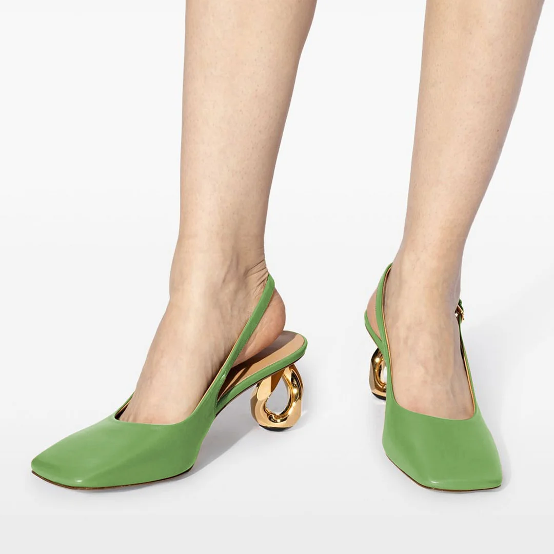 YDN Simple Green Square Toe Sculptural Heel Slingback Pumps
