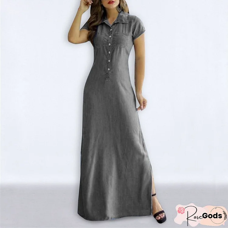 Shirt Slit Pocket Big Skirt Large Size Casual Denim Dress