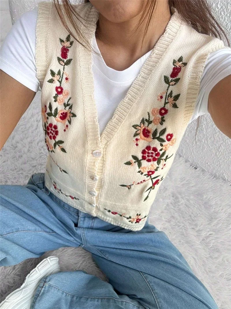 Athvotar Athvotar Fashion New Casual Embroidery Embroidery Knitted Sweater Women's Vest