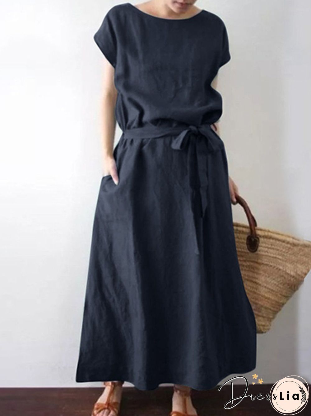 Casual O-Neck Solid Color Cotton Linen Belt Long Dress Retro Simple Commute Dress Women Fashion Loose Short Sleeve Pocket Dress