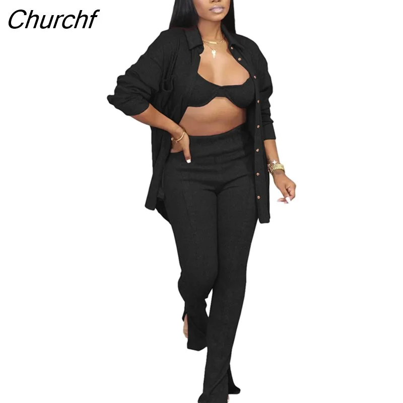 Churchf Women Tracksuirt 3 Piece Set Sweater Shirt +Long Pants Knit Ribbed Streetwear Matching Set Clothes For Women Outfit