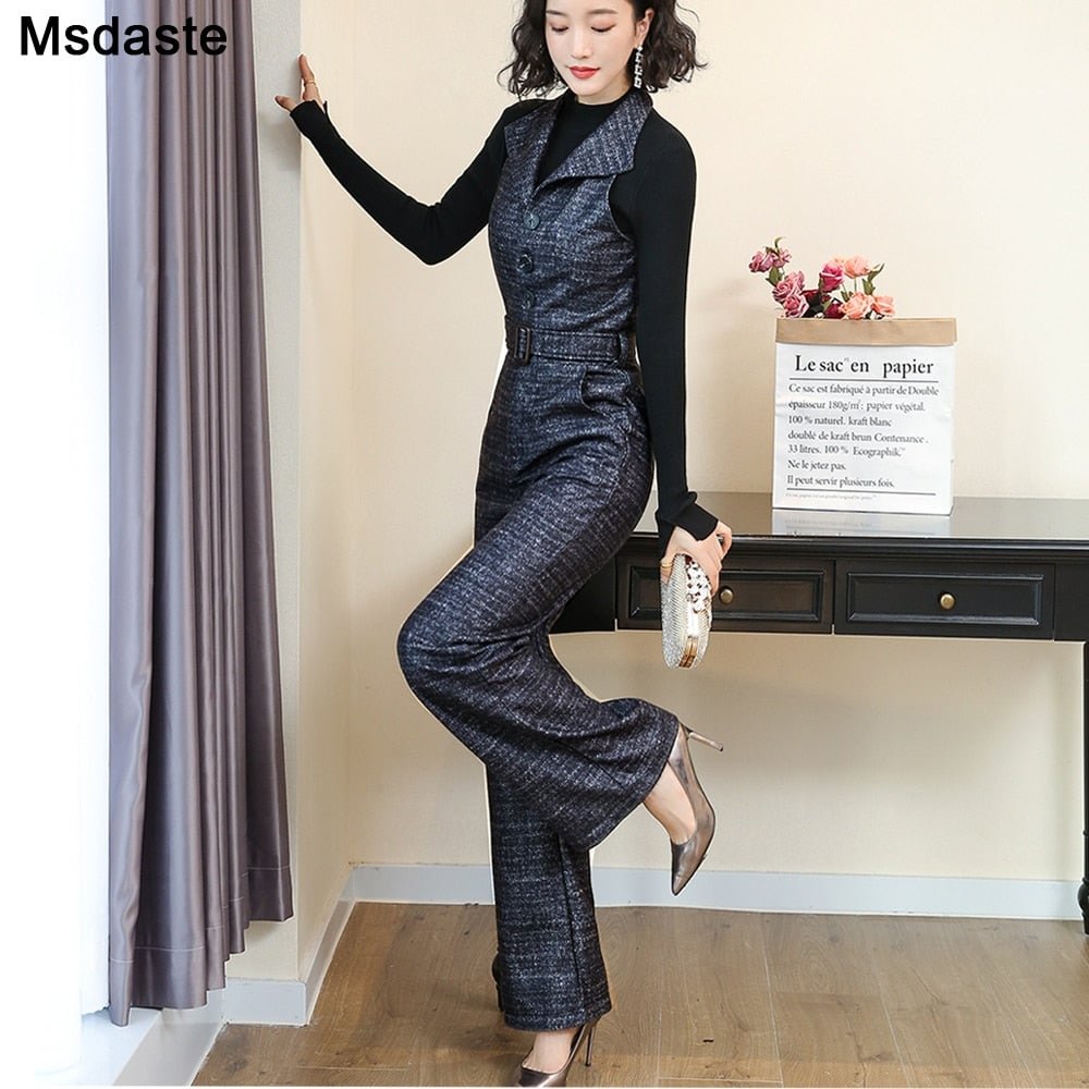 Women Jumpsuits Woolen Winter One Piece Jumpsuits Wide Leg Pants Lady Rompers Turn-down Neck Plaid Belted Loose Woman Overalls