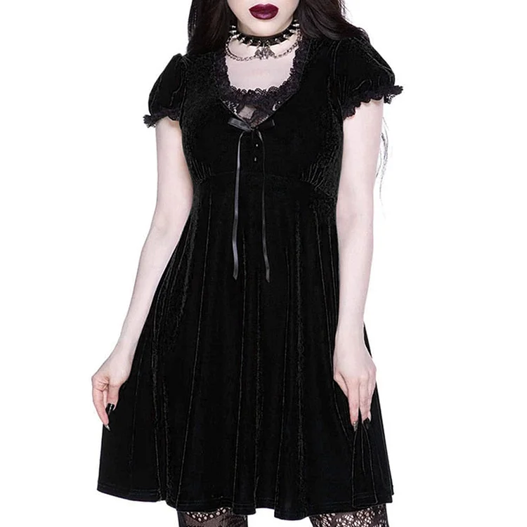 InsDoit Gothic Vintage Lace Aesthetic Dresses Women Velvet Harajuku Bandage Summer A LINE Dress Short Sleeve Party Club Dresses