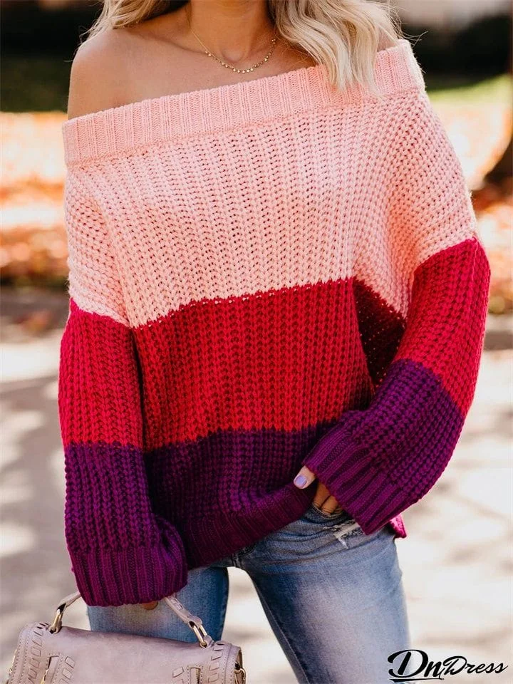 Lady Oversized Contrast Color Striped Knitted Off-shoulder Sweater
