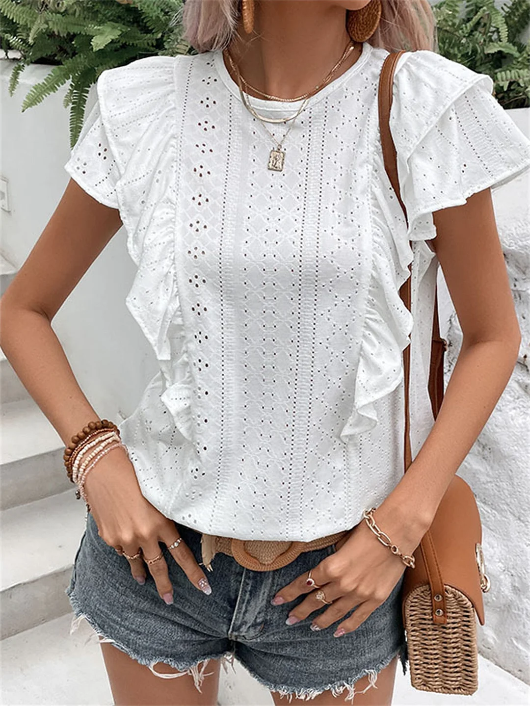 Women Short Sleeve Scoop Neck Solid Color Tops