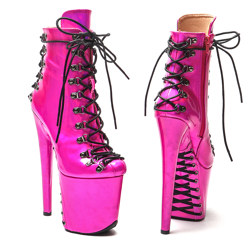 VCshoes 20cm/8inches Patent Leather Plus Size Pole Dancing Lace Up Ankle Boots Thin Heels Fetish Platform Women Shoe 3B