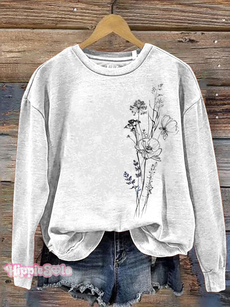 Minimalist Style Hand Sketch Floral Graphic Printed Casual Sweatshirt Multicolor / S