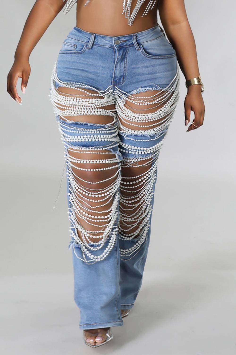 Plus Size Daily Jeans Casual Blue Fall Winter Pearls Denim Jeans