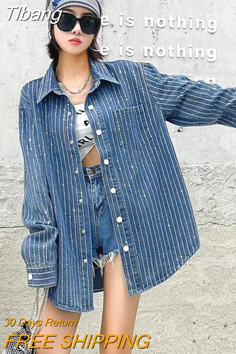 Tlbang Diamond Denim Jacket for Autumn 2023 New Loose Casual Long Sleeved Jeans Shirt