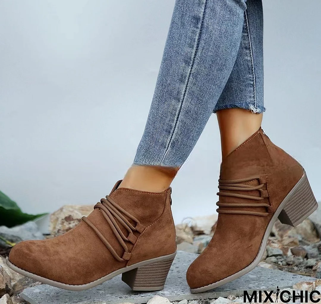 Women's Plain Front Laced Chunky Heel Booties