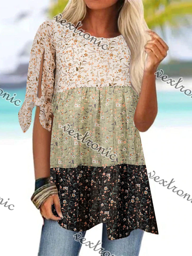 Women Short Sleeve Scoop Neck Floral Printed Stitching Tops