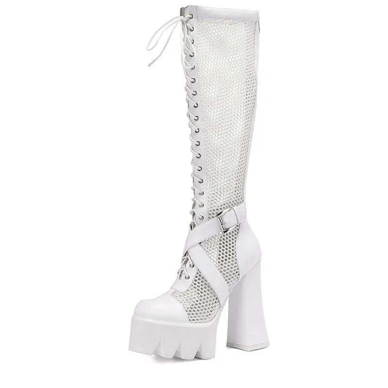 Gdgydh Summer Platform Boots Gothic Knee High Chunky Heel Fashion Buckle Street Style Black Genuine Leather Women Shoes Party