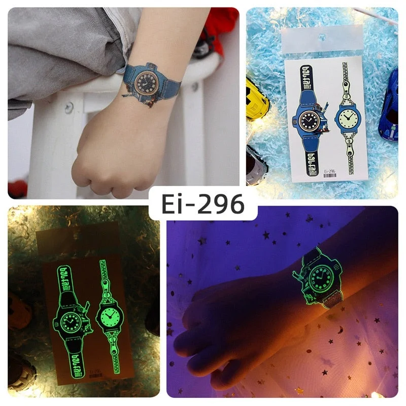 24 kinds Luminous Tattoo Sticker Children Arm Face Glowing Tattoos Watch Boys Body Art Girls Tatto Party Makeup Kids Gift