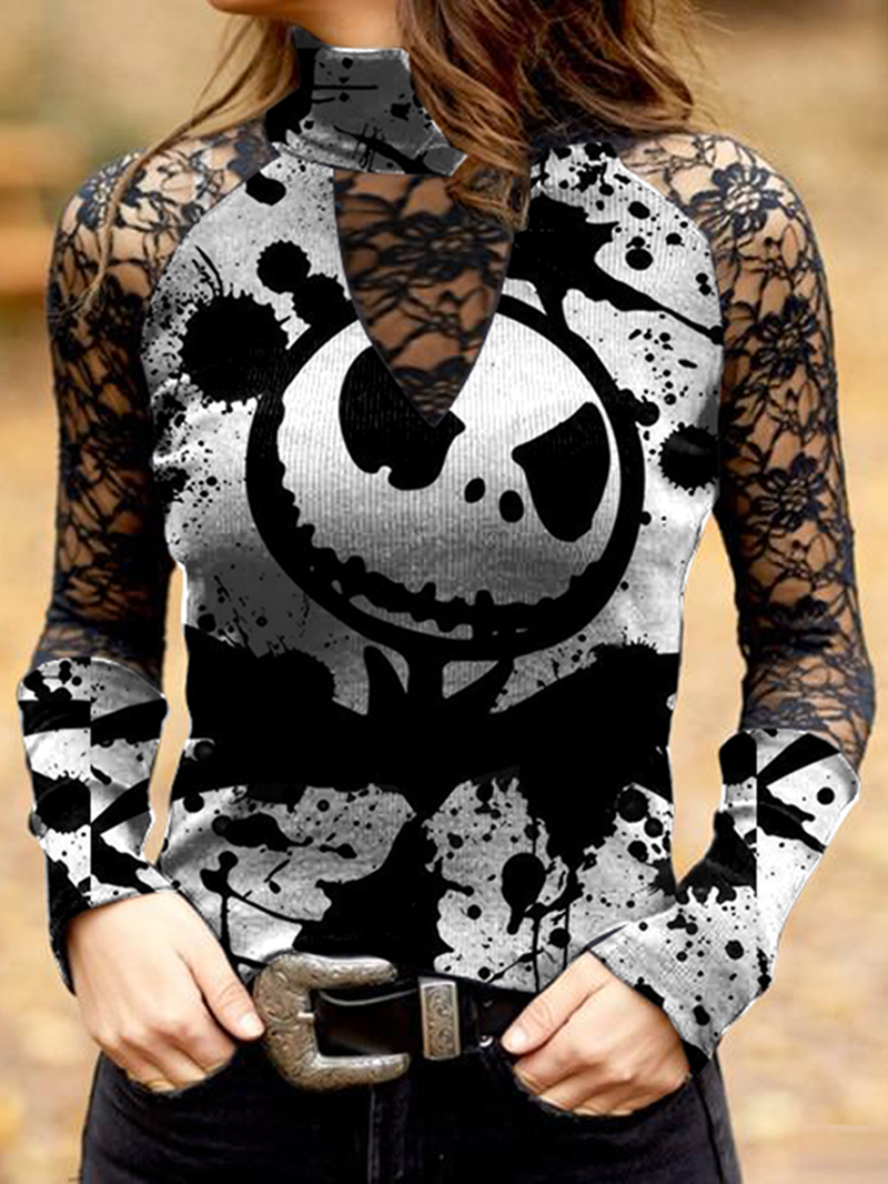 Long sleeve spliced lace print top