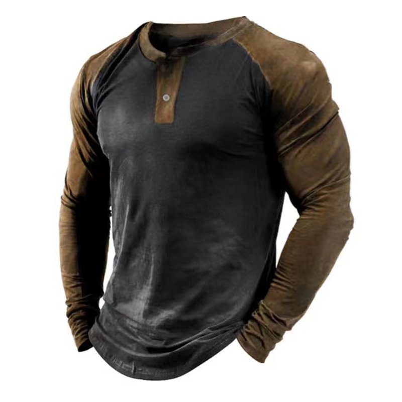 Men's Causal Colorblock Long Sleeve Henley T-shirt