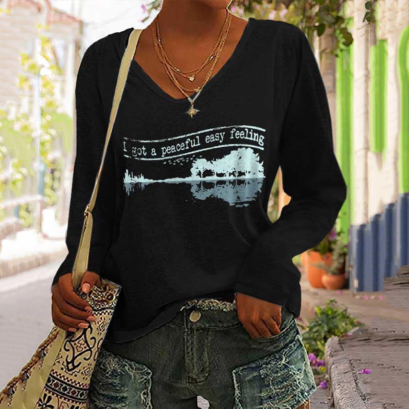 Got A Peaceful Easy Feeling Guitar Print Long Sleeve V Neck T-Shirt wearshes