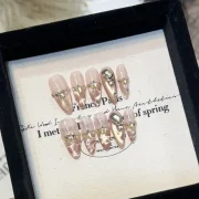 Full Cover False Nails Press on Nails Fake Nails Handmade Removable Diy Gold Ripple Cat Eye Nude Champagne Diamond Butterfly
