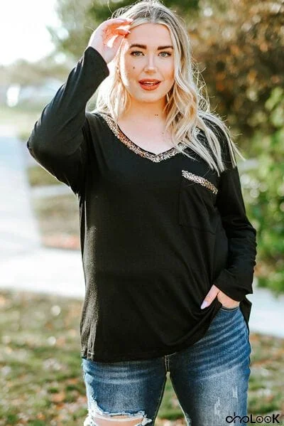 Plus Size Sequin V-Neck Long Sleeve T-Shirt