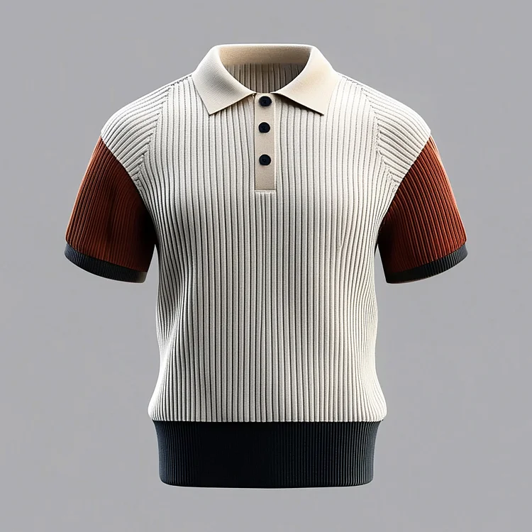 Men's Ribbed Knit Color Blocks Short Sleeve Polo Shirt
