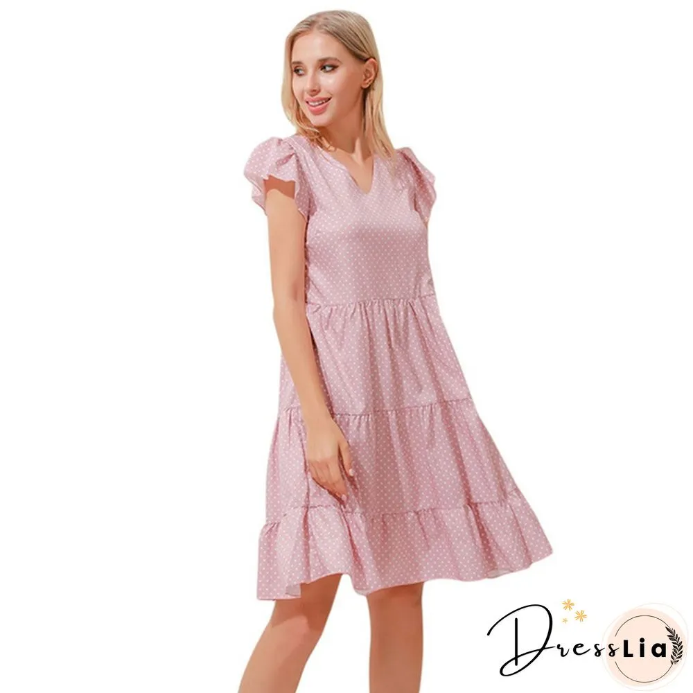 Summer Sundress Women Ruffles Sleeves V-Neck Dot Boho Vest Multi-Layer Connection Hem