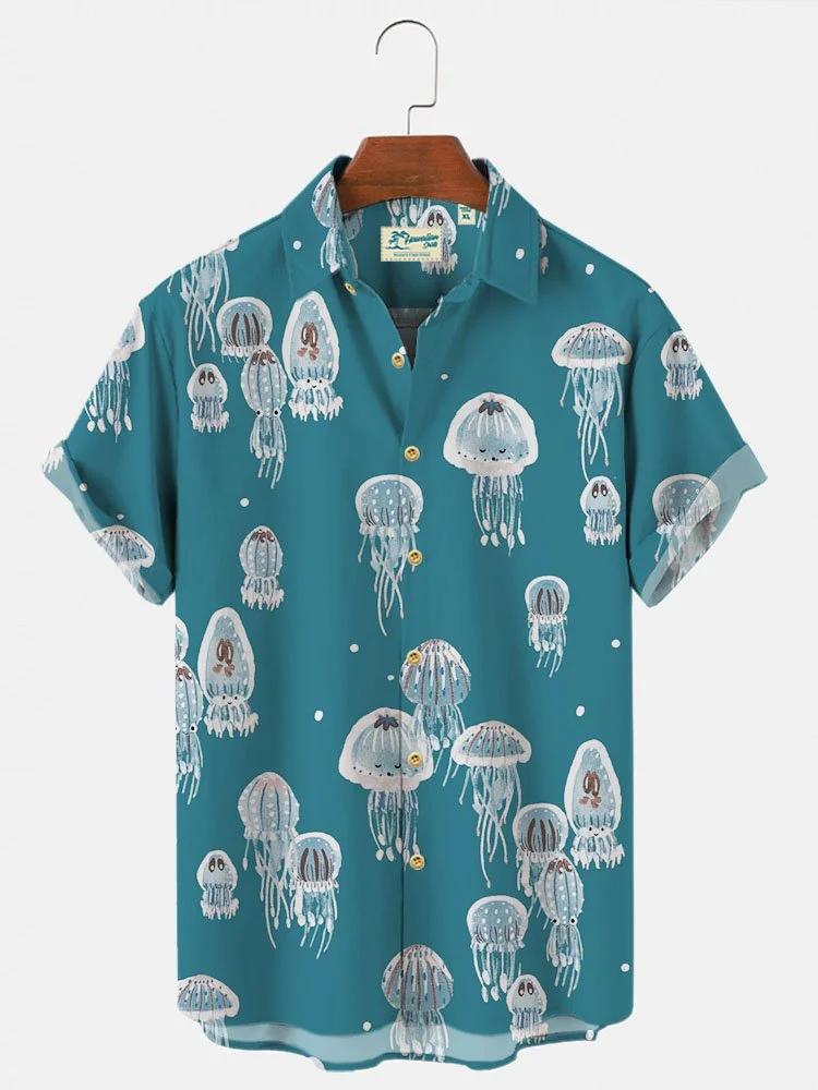 Men's Blue Holiday Casual Hawaiian Shirts Ocean Jellyfish Wrinkle Free Tops