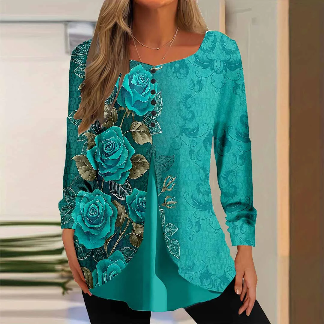 Women Floral,Blue DZGG8359 Long Sleeve Scoop Neck Printed Graphic Button Fake 2in1 Tops