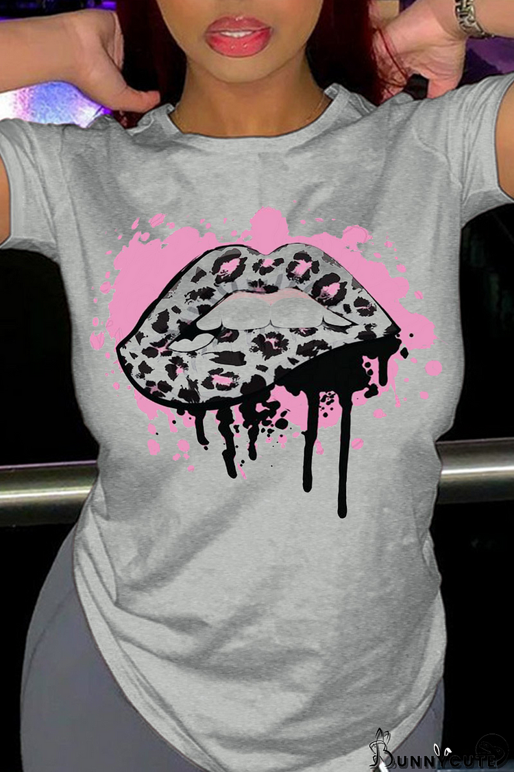 Grey Fashion Street Lips Printed Split Joint O Neck T-Shirts