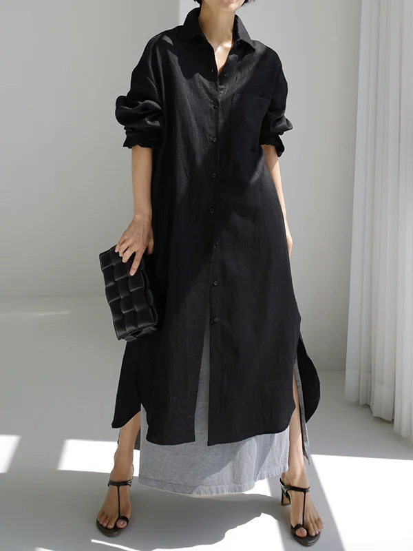 Simple Long Sleeves Split-Side Solid Color Lapel Midi Dresses Shirt Dress