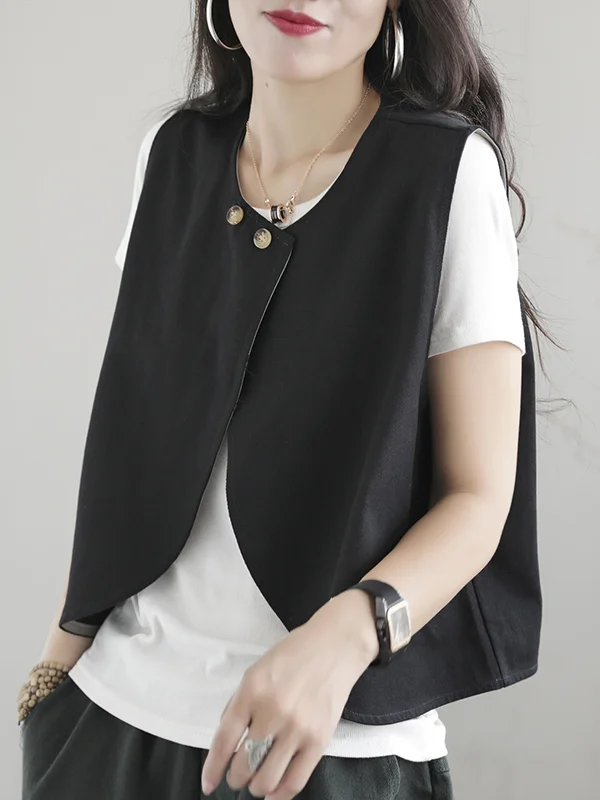Artistic Retro Loose Sleeveless Solid Color Round-Neck Vest Outerwear
