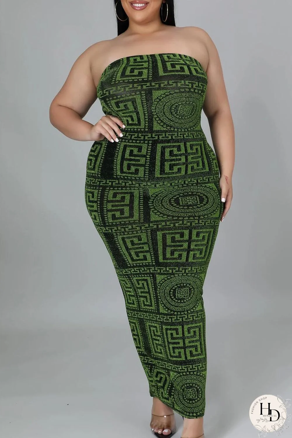 Green Sexy Print Split Joint Strapless Pencil Skirt Plus Size Dresses
