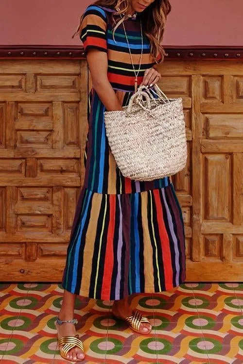 Bohemian Striped Multicolor Ankle Length Dress