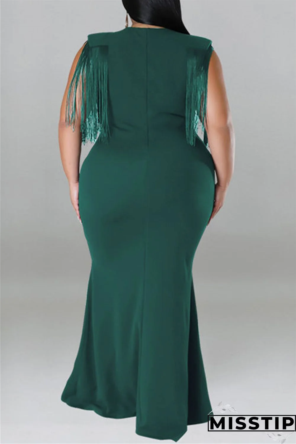 Blue Casual Plus Size Solid Tassel Patchwork V Neck Long Dress