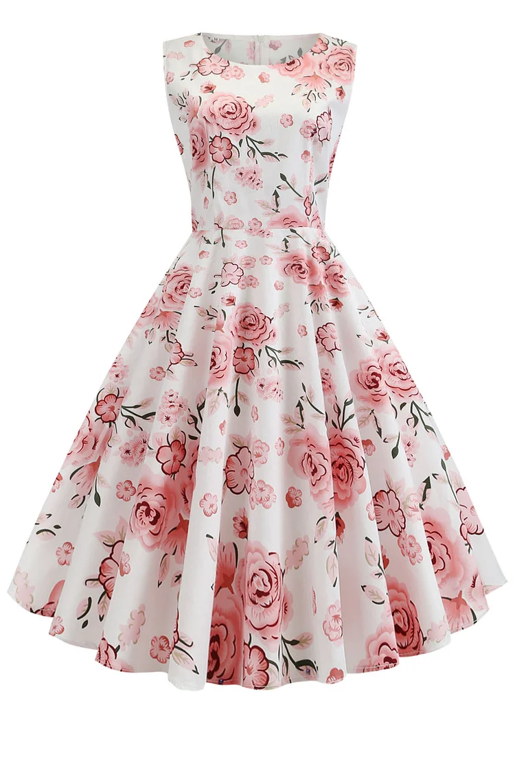 1950s Pink Party Floral Print Round Neck Swing Midi Dress