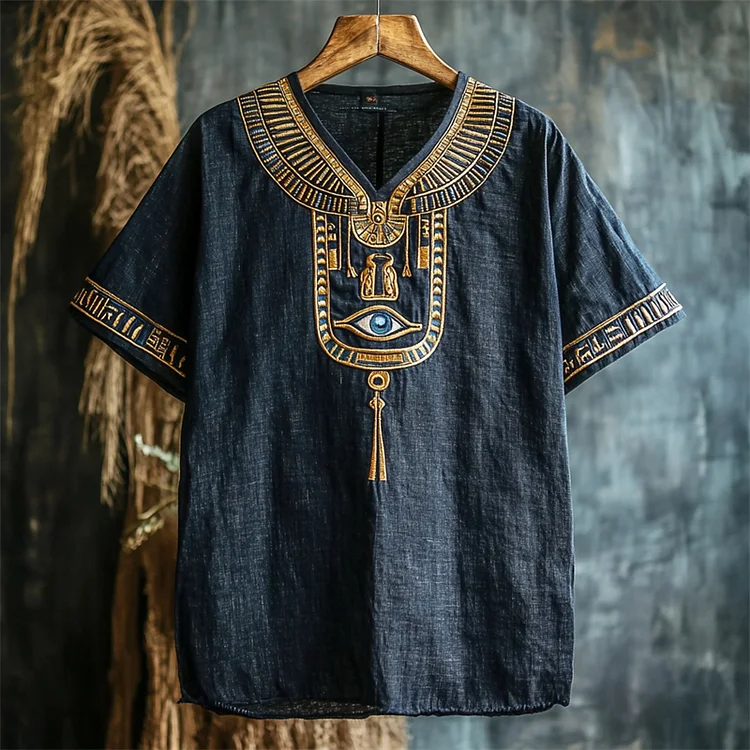 Ancient Egyptian Eye Of Horus Embroidered Linen Shirt
