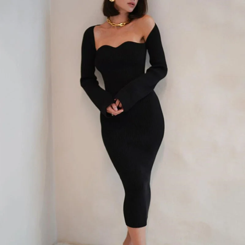 Elegant Square Collar Solid Bodycon Slim Winter Midi Dress Office Ladies Long Sleeve Party Dress Knitted Vestidos De Mujer