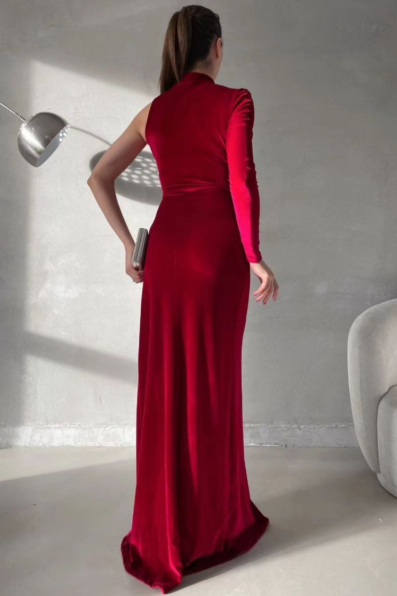 Miabel Charming Black Velvet One Shoulder Long Sleeves Long Prom Dress with High Split 