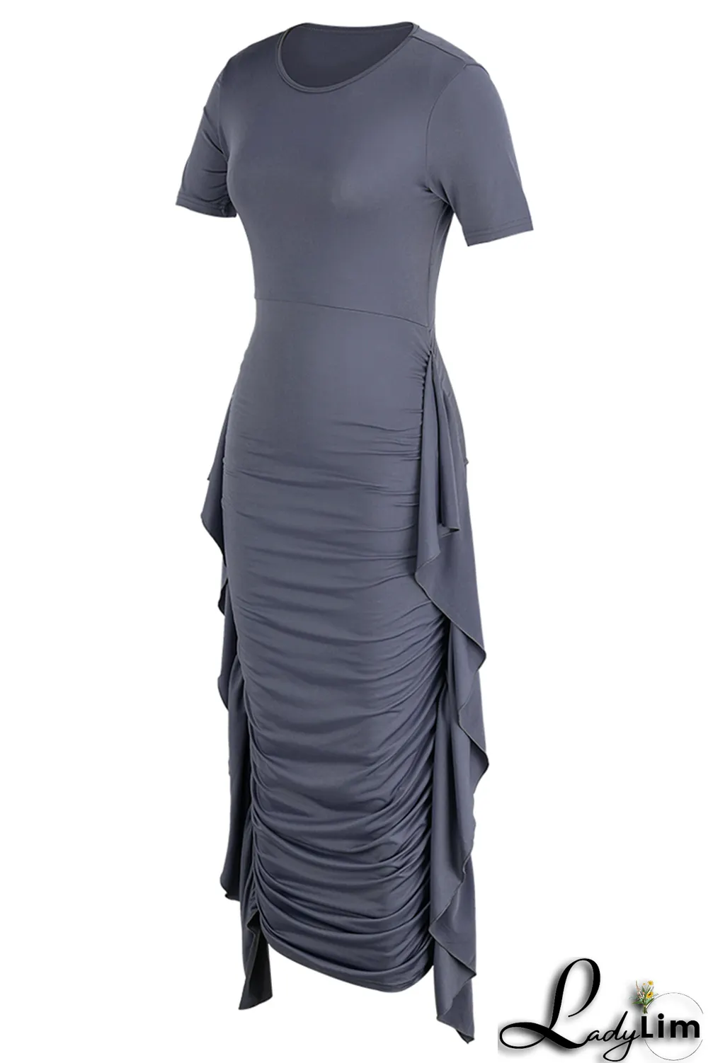 Yellow Fashion Solid Flounce Fold O Neck Pencil Skirt Dresses