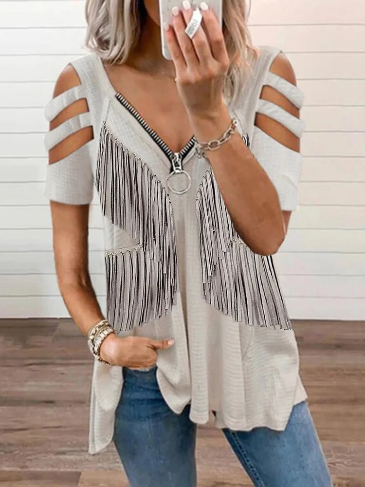 Fringe Western Style Casual Strapless Zipper Tee