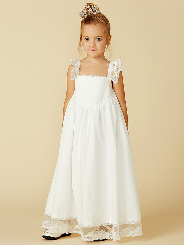 Oknass Sleeveless Straps A-Line Flower Girl Dress Lace Cotton With Pleats