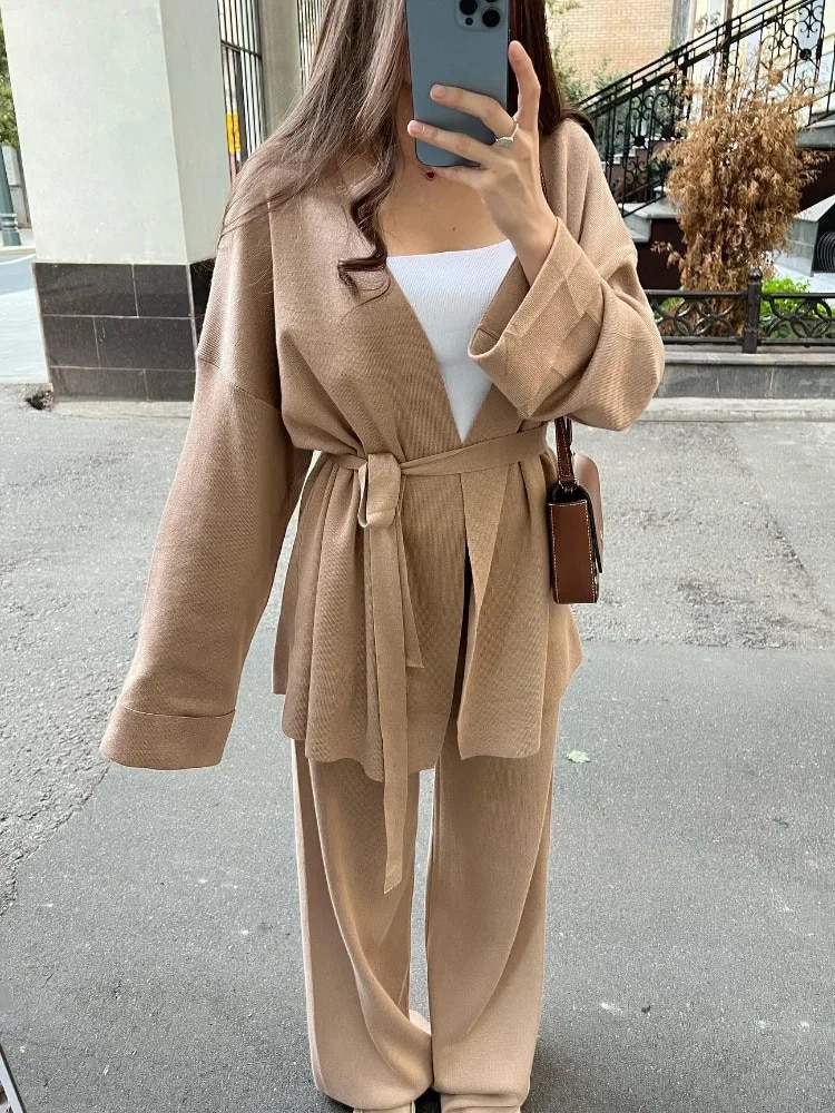 Ootddress Autumn Knit 3 Piece-Set For Women Outfits Lace-Up Vest Outwear Wide Leg Trousers Outfits Casual Solid Pleated Ladies Sets