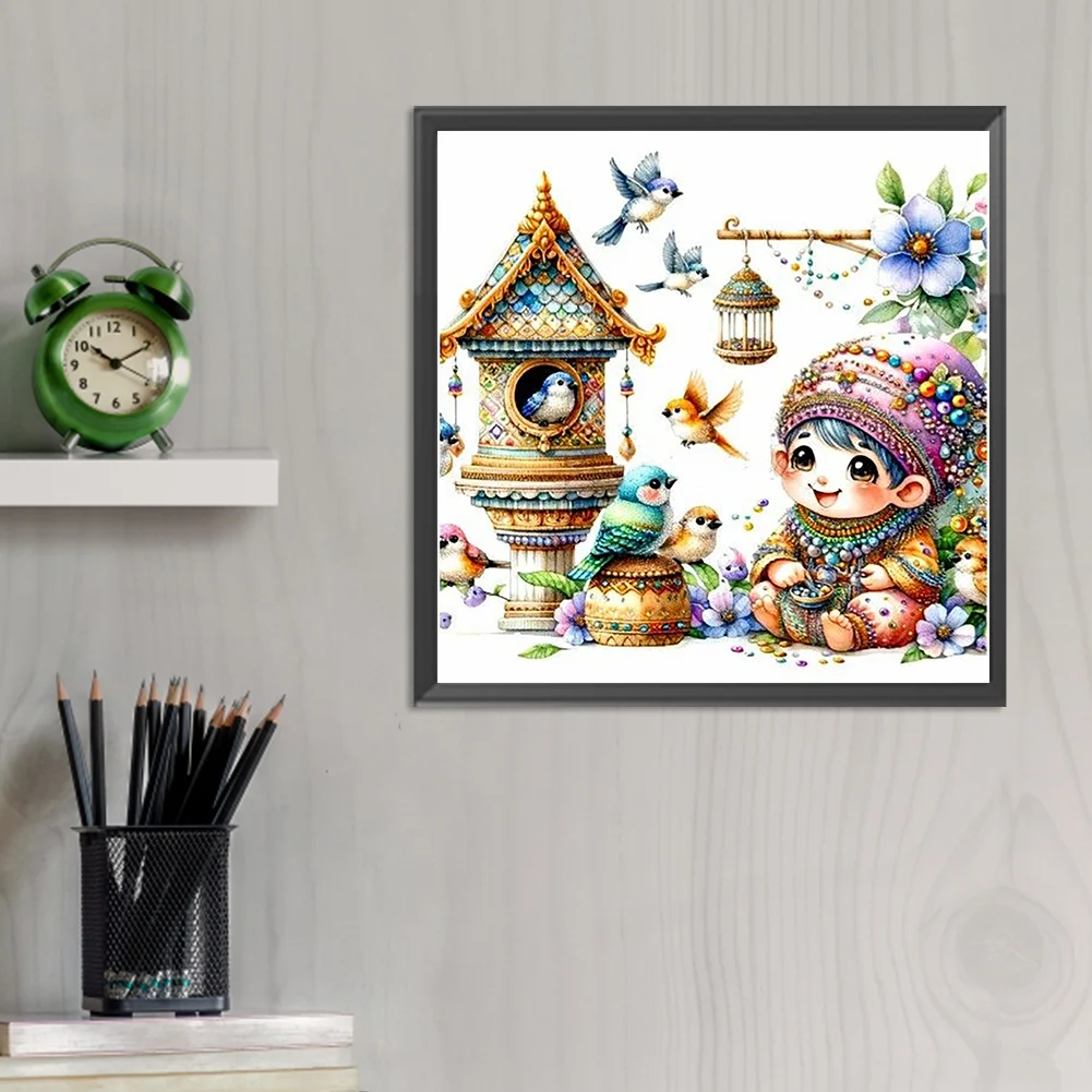 Diamond Painting - Full Round Drill - Cute Gnome Bird Nest(Canvas|30*30cm)