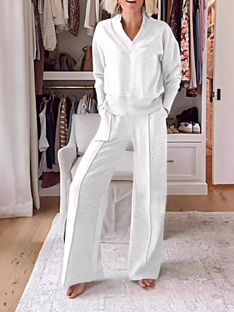 Women's Long Sleeve Hooded Loose Solid Pockets Bottoms&Tops Sets