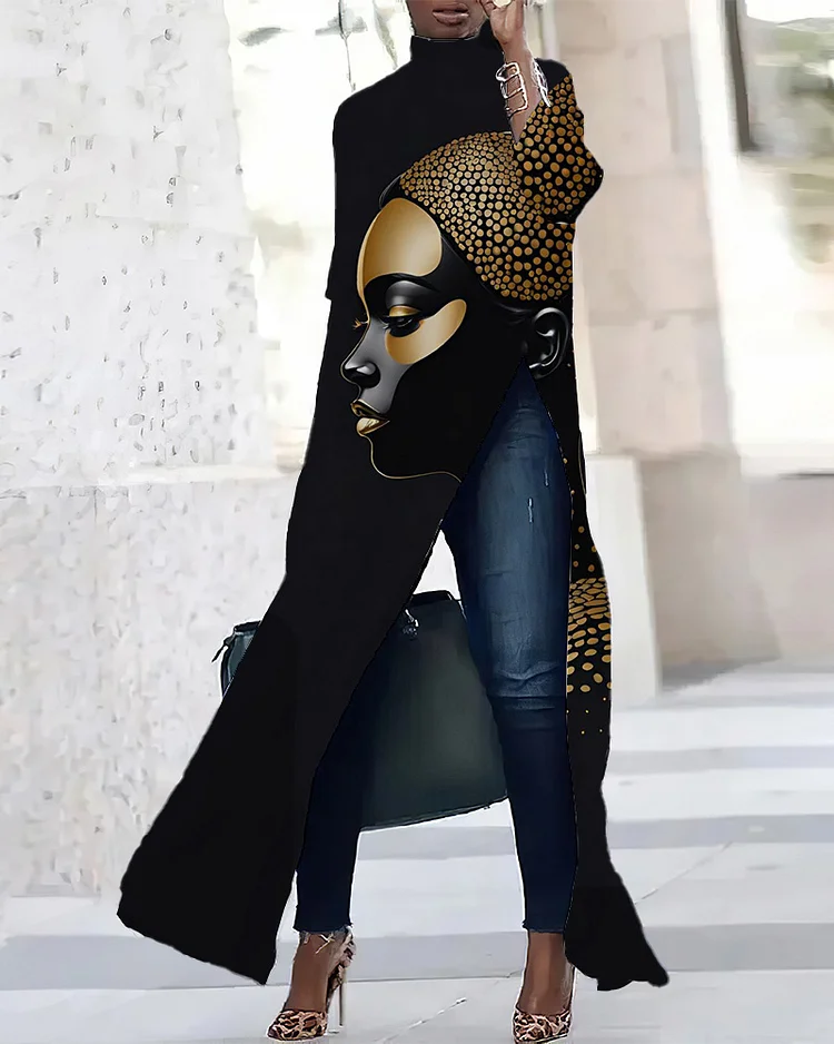 Golden Fashion Portrait Three-quarter Sleeve Slit T-shirt Dress